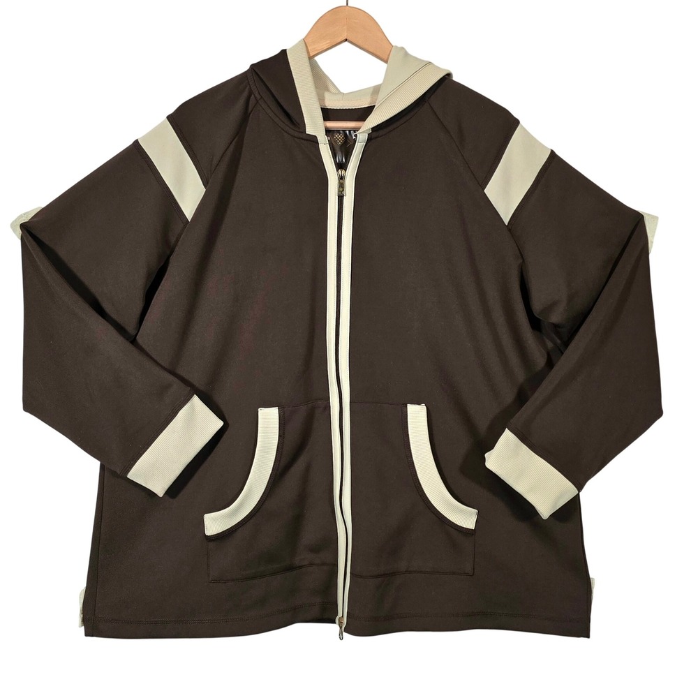AVX Full Zip Hoodie Women 22/24 Brown Cream Contrast Trim Track Jacket Vtg Y2k